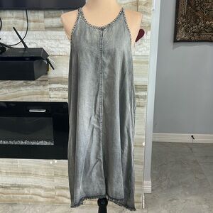 Mudpie Black/Grey Denim Jean Tank‎ Dress Sleeveless Scoop Neck Raw Hem. Size M